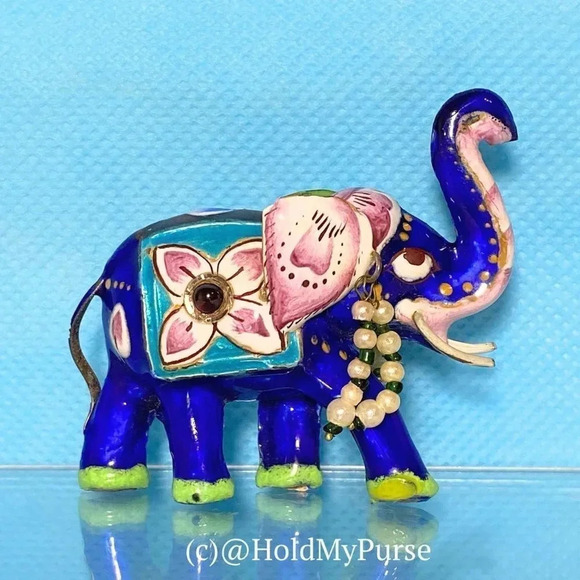Meenakari Enamel on Sterling Silver Elephant Figurine w/ Mini Travel Jewelry Bag - Picture 3 of 8